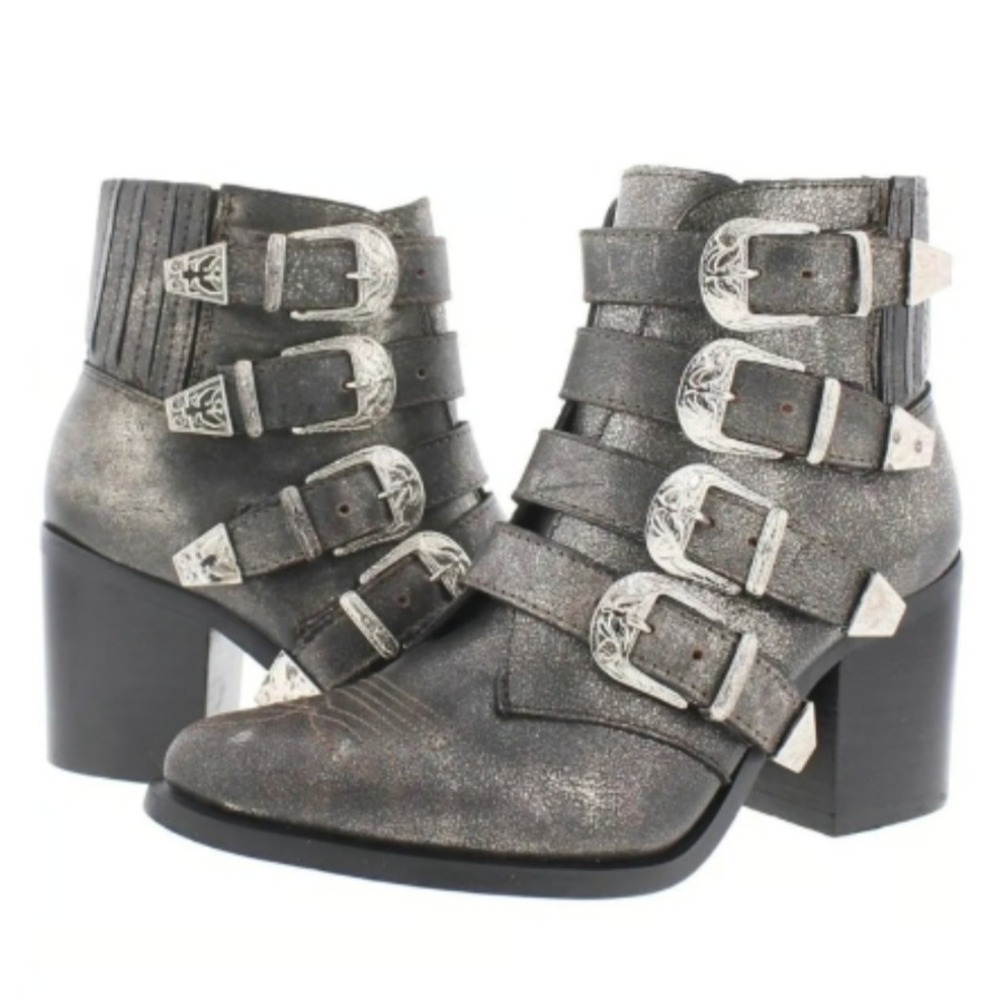 Steve Madden Prairie Metallic‎ Silver Leather Buckle Heeled Ankle Boots 6.5
